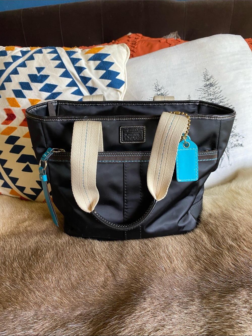 Black Coach  Tote with Ivory Handles and Turquoise Accent